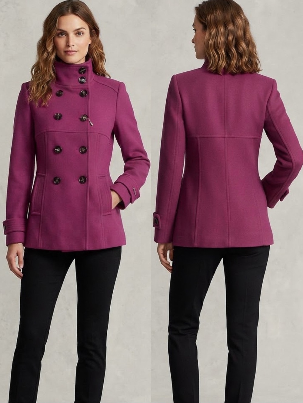 NWT WOMEN DOUBLE-BREASTED COAT STAND-UP COLLAR LINED JACKET PEACOAT‎